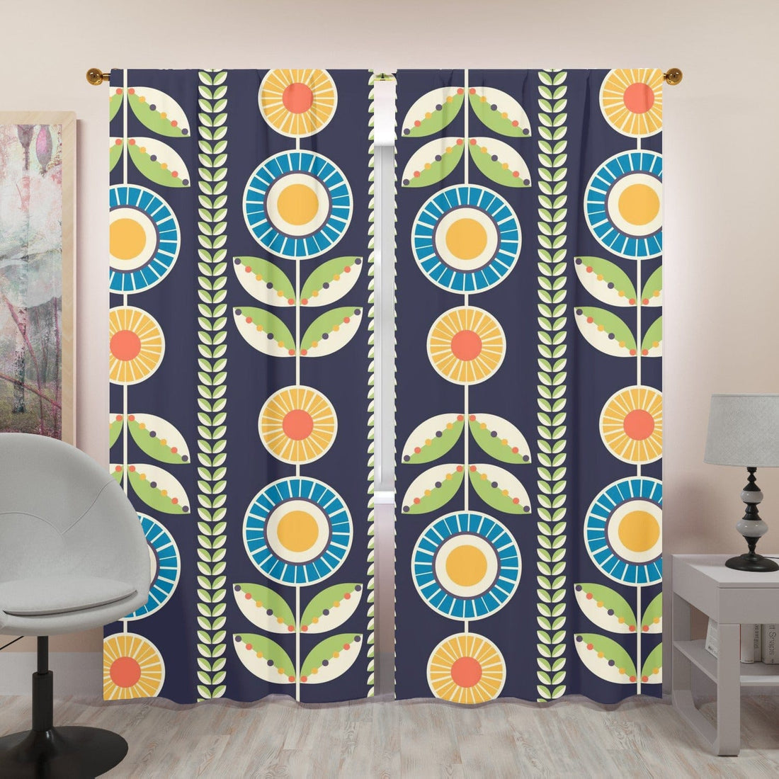 Scandinavian Blue, Green And Orange, Retro Folk Art Flower, Window Curtains (two panels) Curtains W84&quot;x L96&quot;