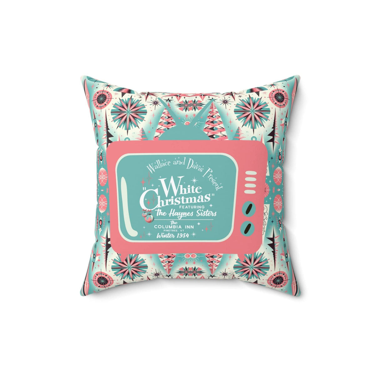 Wallace And Davise, 1950's Mid Century Modern Christmas Pillow, Aqua Blue, Pink Atomic TV Kitschy Christmas Pillow And Insert Home Decor