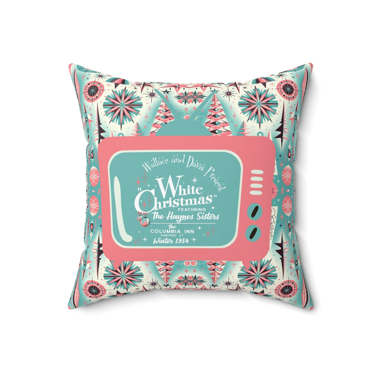 Wallace And Davise, 1950's Mid Century Modern Christmas Pillow, Aqua Blue, Pink Atomic TV Kitschy Christmas Pillow And Insert Home Decor