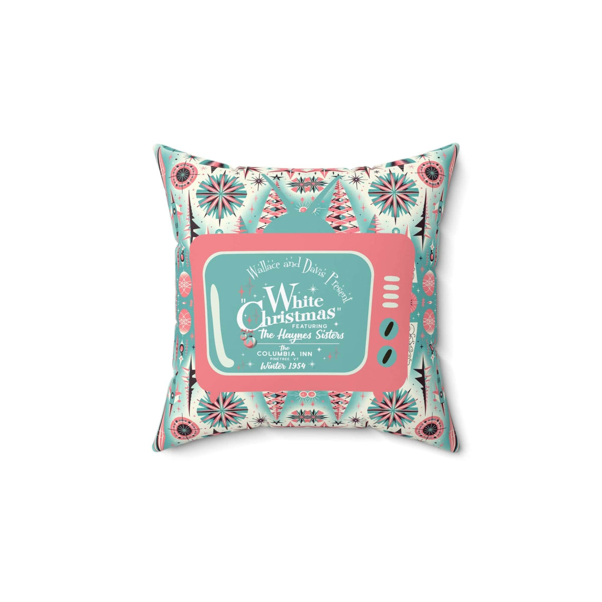 Wallace And Davise, 1950's Mid Century Modern Christmas Pillow, Aqua Blue, Pink Atomic TV Kitschy Christmas Pillow And Insert Home Decor