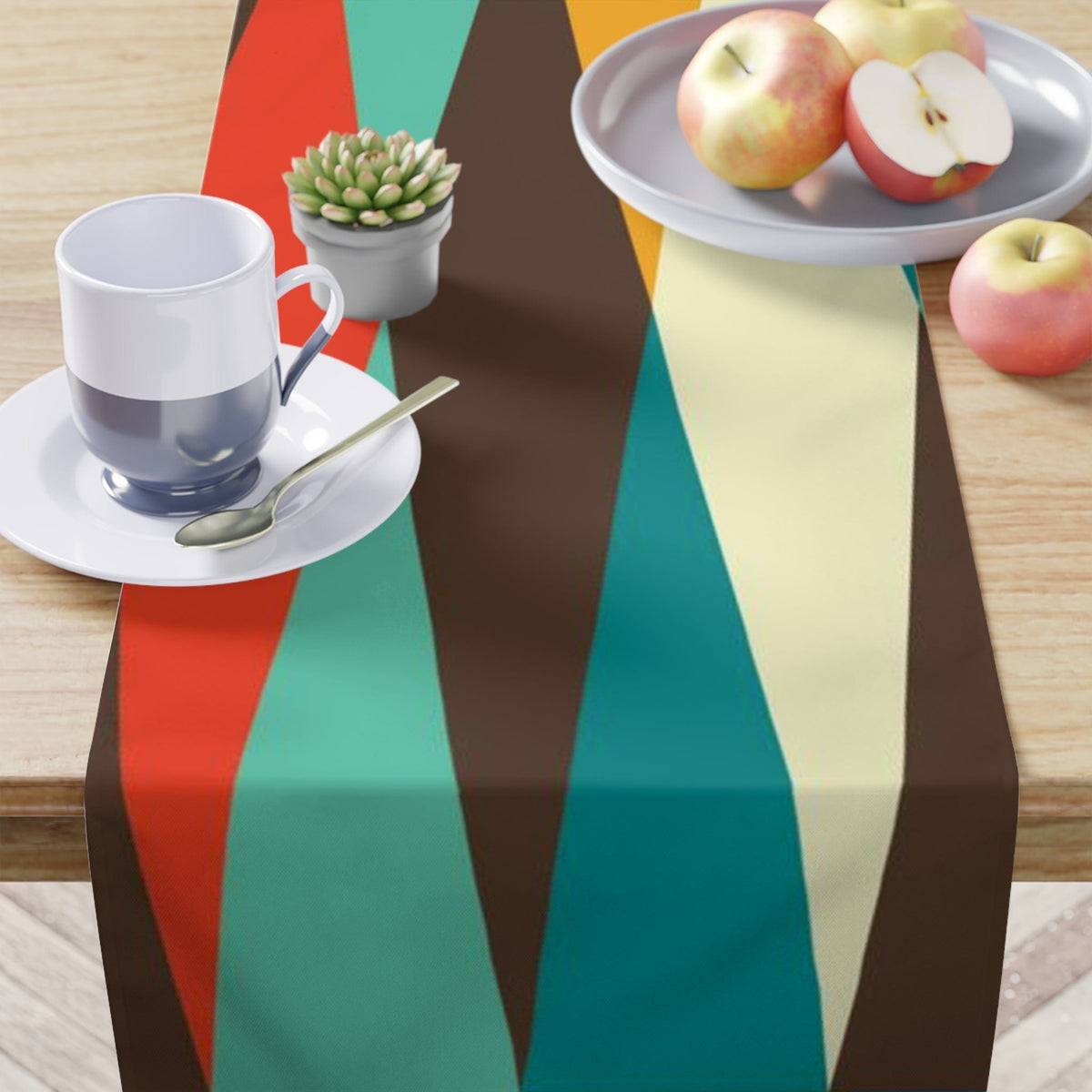 Mid Century Modern Abstract, Chocolate Brown, Teal Blue, Aqua, MCM Mid Mod Table Runner Home Decor White / 90'' × 16''