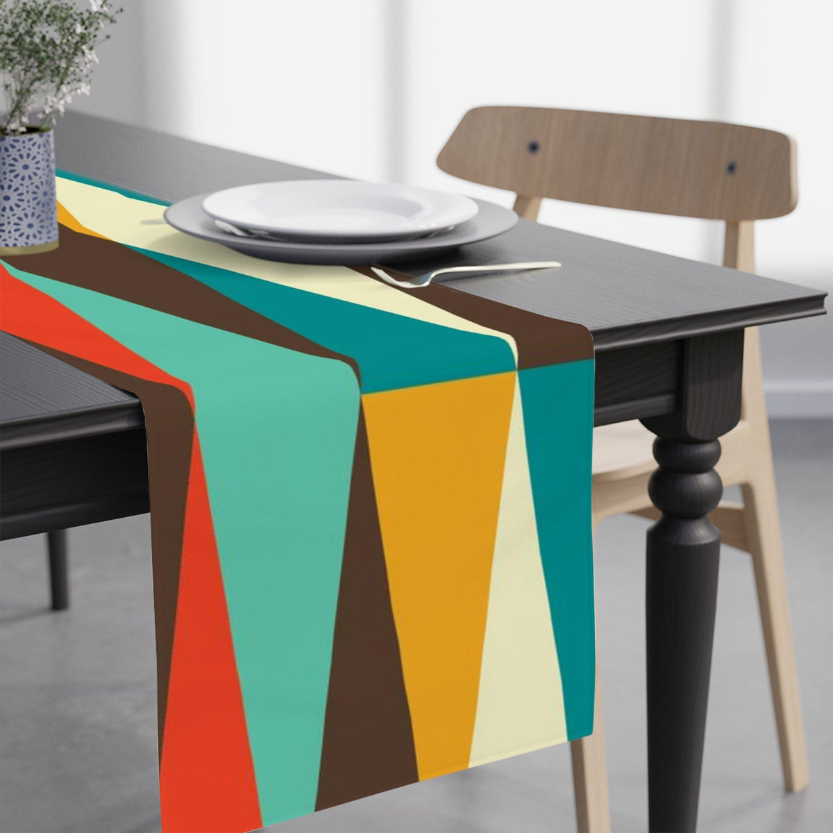 Mid Century Modern Abstract, Chocolate Brown, Teal Blue, Aqua, MCM Mid Mod Table Runner Home Decor White / 90'' × 16''