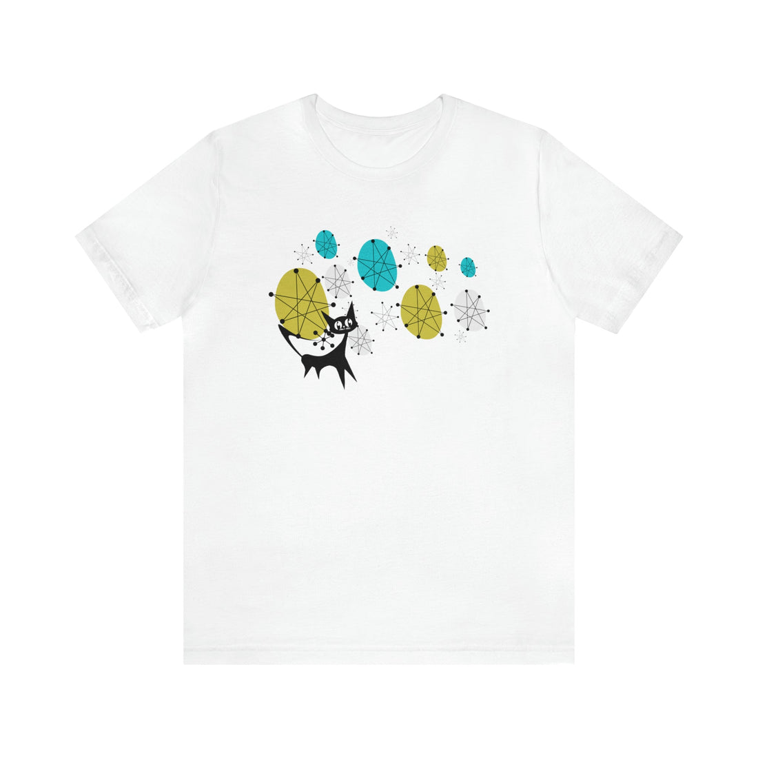 Atomic Cat, Mid Century Modern Franciscan Pattern Starburst, Retro Mod T-Shirt, Unisex Sizing T-Shirt White / S