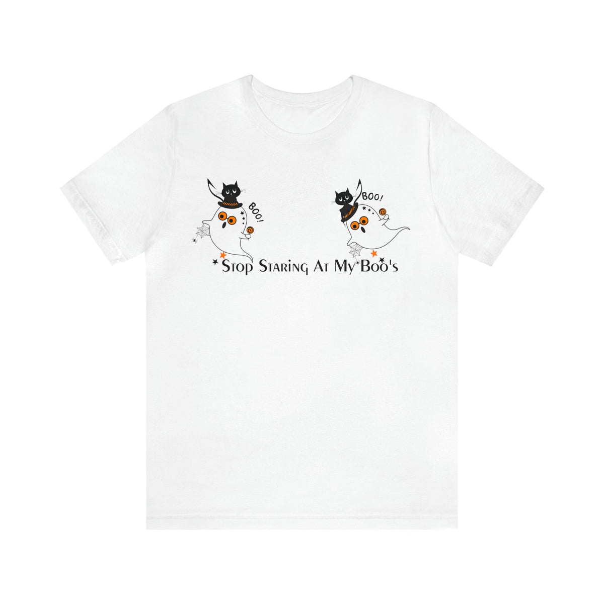 Funny Halloween Retro Shirt, Stop Staring At My Boo's Halloween Party Ghosts, Atomic Cats, Modern Unisex T-Shirt T-Shirt White / S