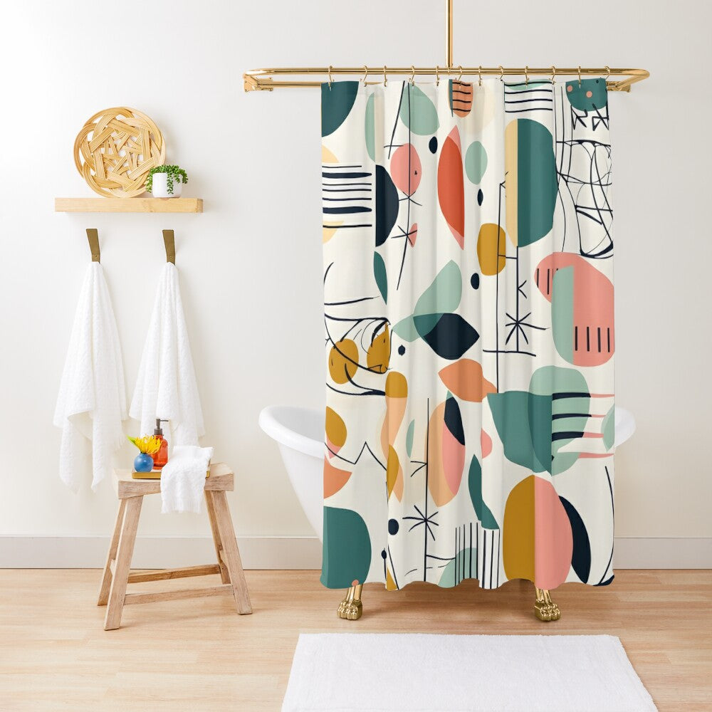 Mid Century Modern Shower Curtain, Abstracts, Geometric, MCM Teal, Orange, Colorful Design