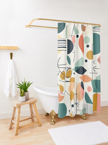 Mid Century Modern Shower Curtain, Abstracts, Geometric, MCM Teal, Orange, Colorful Design