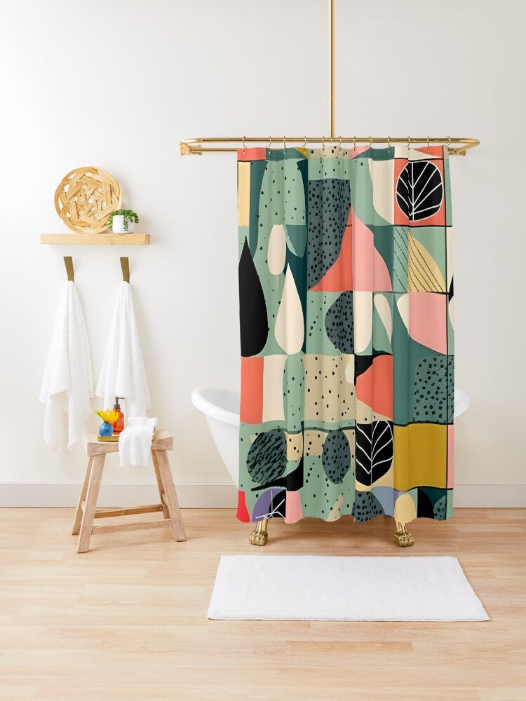 Scandinavian Designed Modernist Mid Century Modern Geometric Abstract, Florals, Colorful Retro Shower Curtain
