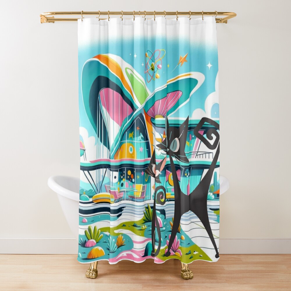 Atomic Cat Shower Curtain, Mid Century Modern Googie Designed, Pink, Aqua, Lime Green, Blue Kitschy Cute New Home Gifts