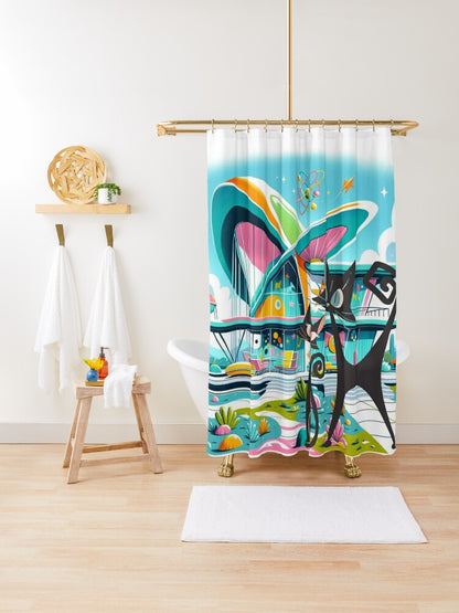 Atomic Cat Shower Curtain, Mid Century Modern Googie Designed, Pink, Aqua, Lime Green, Blue Kitschy Cute New Home Gifts