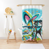 Atomic Cat Shower Curtain, Mid Century Modern Googie Designed, Pink, Aqua, Lime Green, Blue Kitschy Cute New Home Gifts - Mid Century Modern Gal