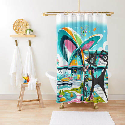 Atomic Cat Shower Curtain, Mid Century Modern Googie Designed, Pink, Aqua, Lime Green, Blue Kitschy Cute New Home Gifts