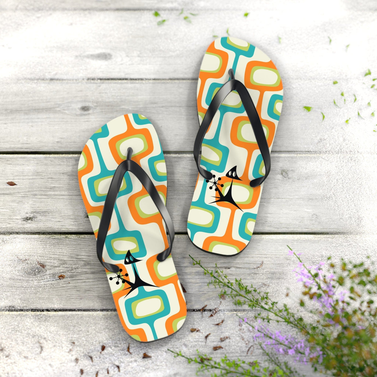 Mid Mod, Summer Retro Geometric, Atomic Kittie,  Fun Funky Flip Flops Shoes XL / Black sole