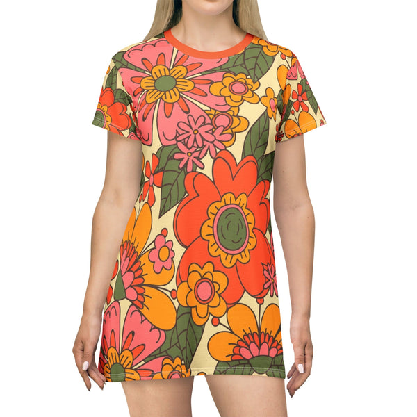 70's Party, Hipster Groovy Flower Power Orange, Yellow, Green Floral T-Shirt Dress M