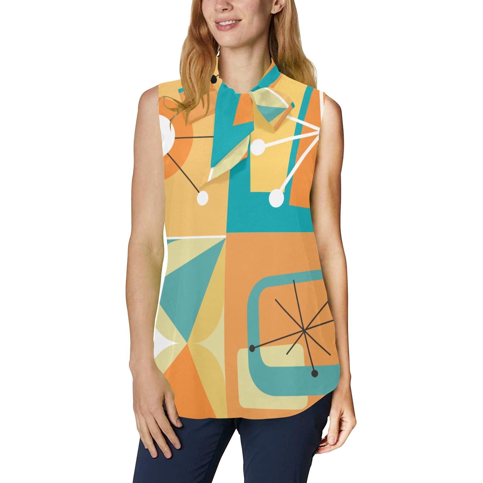 Women's Mid Mod Retro 50's Style V-Neck Tie Blouse