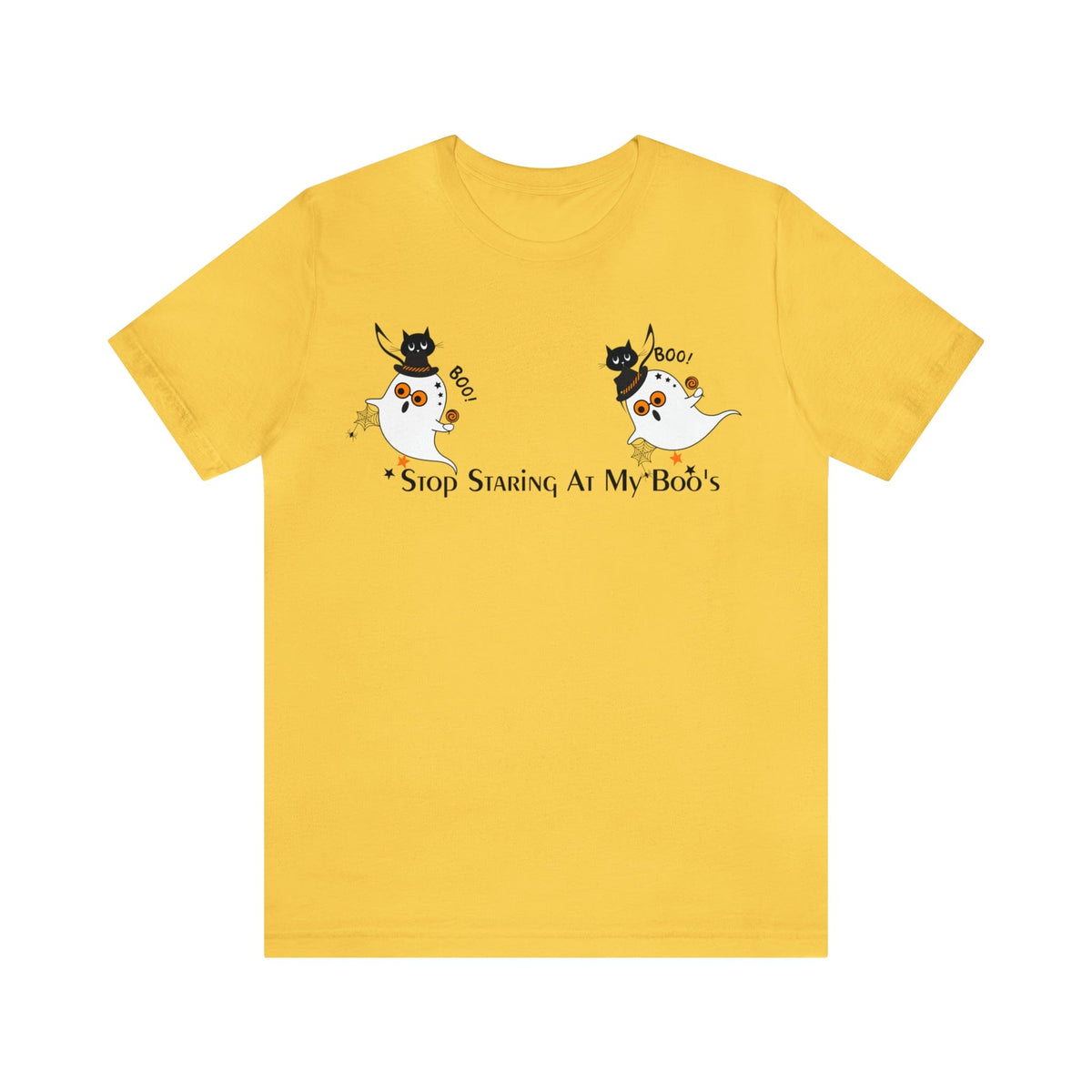 Funny Halloween Retro Shirt, Stop Staring At My Boo's Halloween Party Ghosts, Atomic Cats, Modern Unisex T-Shirt T-Shirt Yellow / S