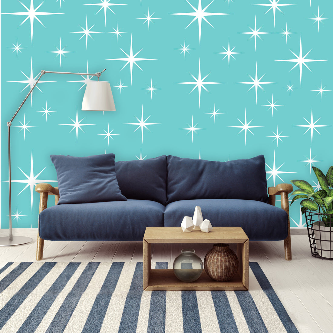 Atomic 50s Starbursts Aqua And White, Mid Century Modern Removeable Peel And Stick Wall Murals