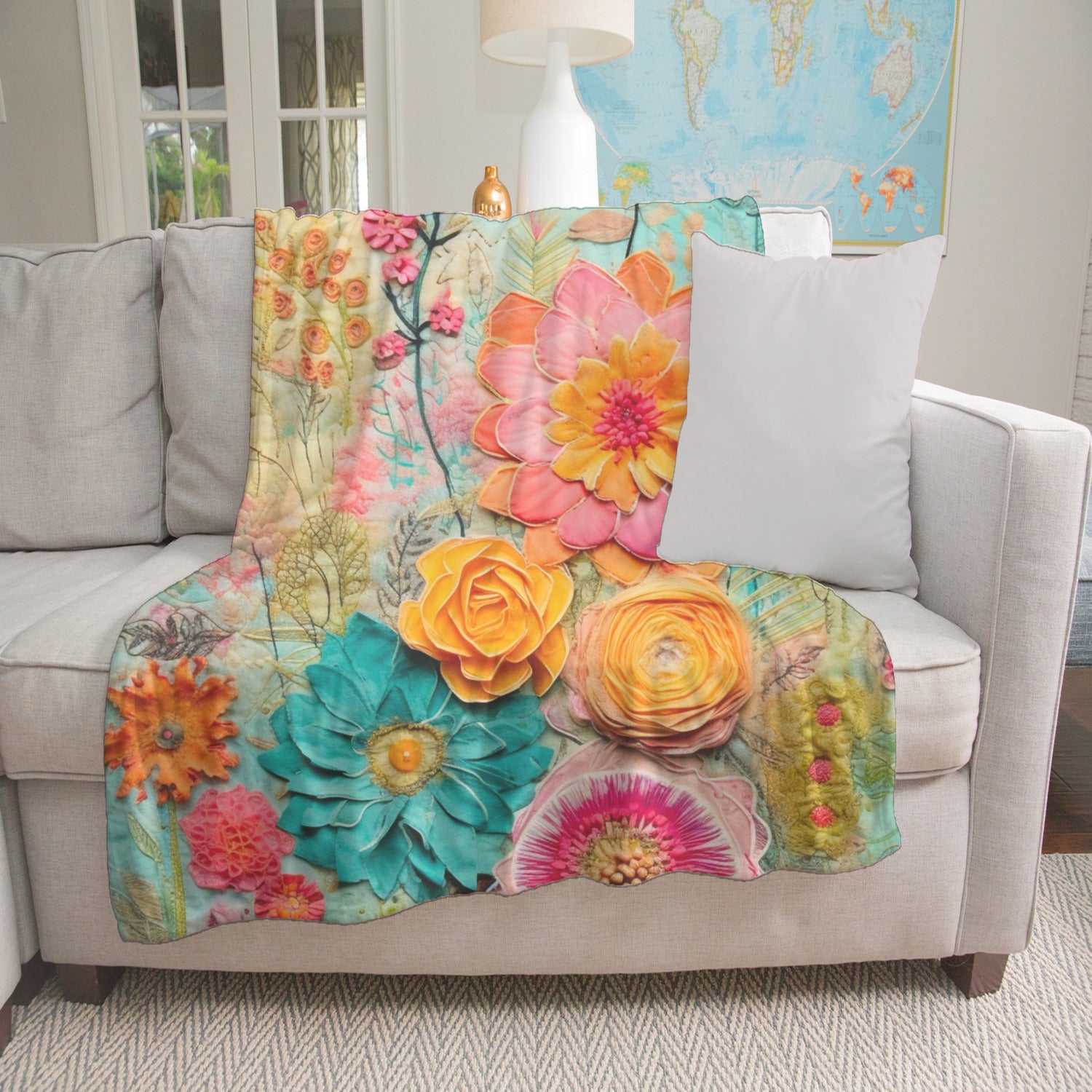 Bohemian Flower Hippie Blanket, Faux Embellished Florals, Spring, Boho Minky Blanket