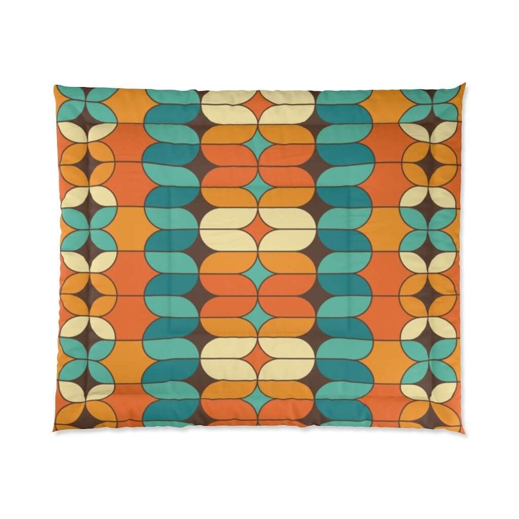 Mid Century Modern Bold And Beautiful Retro Orange, Chocolate Brown. Cream Teal Blue King Size Comforter 104&quot; × 88&quot;