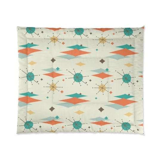 Mid Century Modern Franciscan Starburst, Teal Blue, Turquoise, Orange Retro King Comforter 104&quot; × 88&quot;