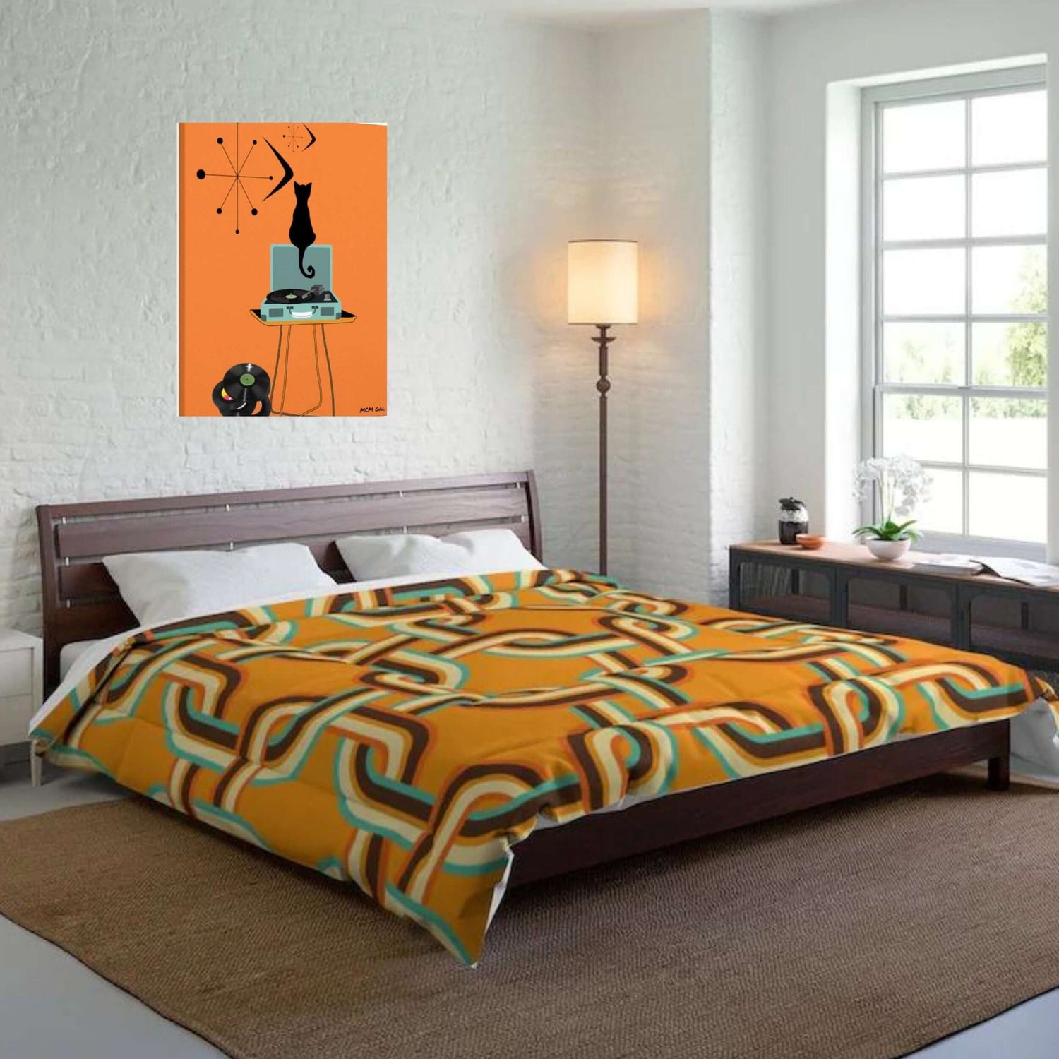 Mid Century Modern King Size Retro Orange Multicolor Comforter 104&quot; × 88&quot;