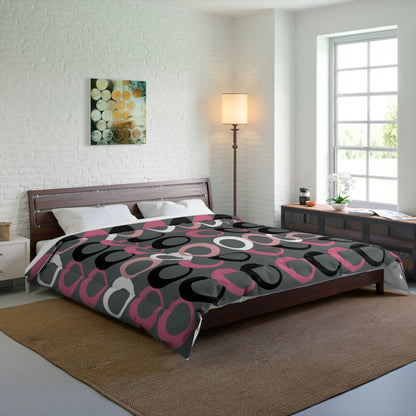 Mid Modernist, Gray, Pink, Black, White, Geometric Retro Circles, Mid Century Modern MCM Home Decor Comforter Home Decor 104&quot; × 88&quot;