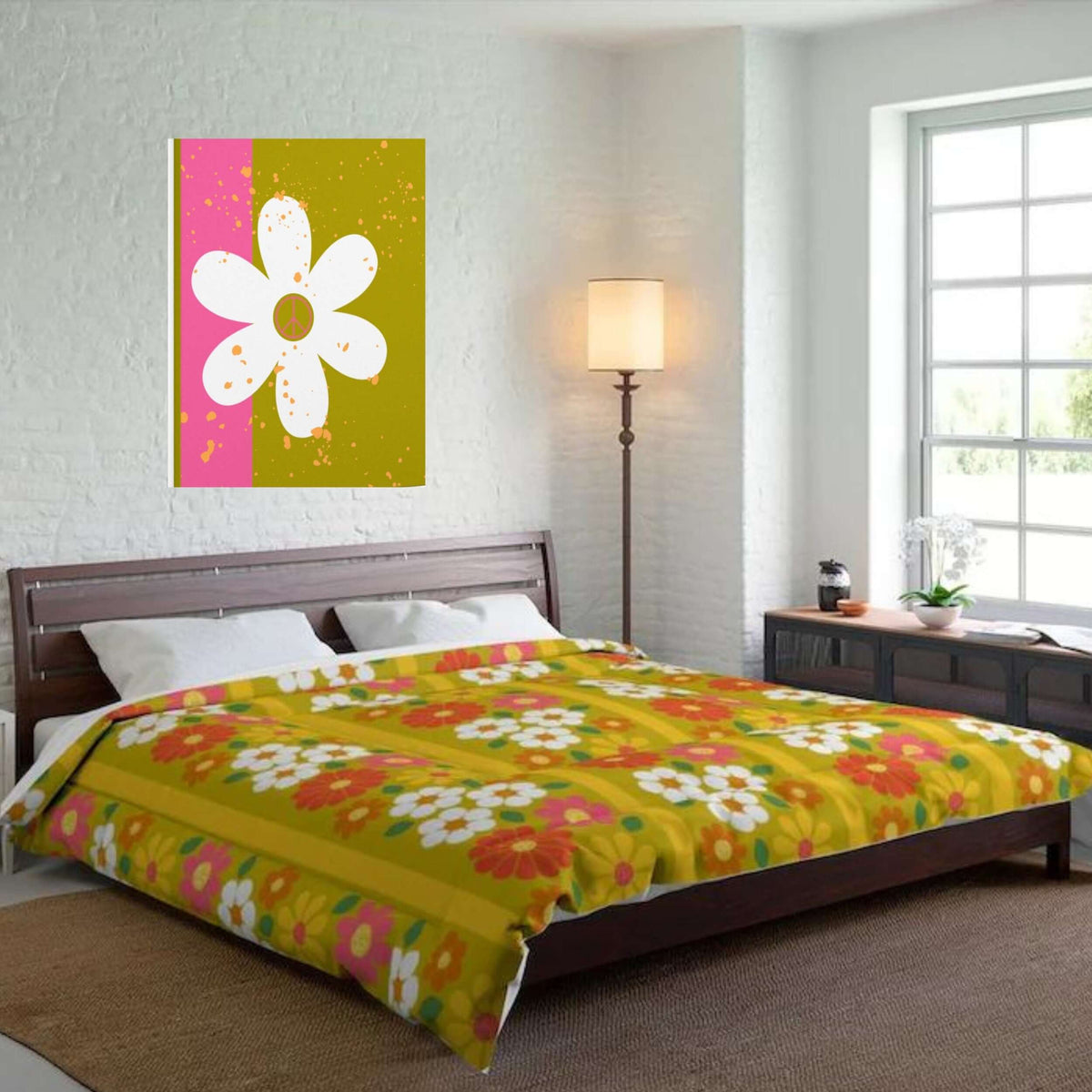 Retro Bedding 1970's Flower Floral  Mod Daisy Golden Yellow Funky Mid Century Modern Comforter 104" × 88"