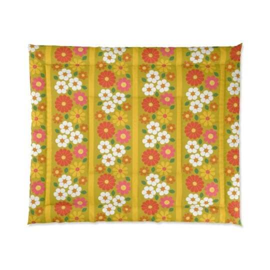 Retro Bedding 1970's Flower Floral  Mod Daisy Golden Yellow Funky Mid Century Modern Comforter 104" × 88"
