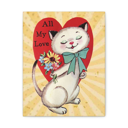 Vintage Retro Valentine Card, Cute White Kitschy Cat All My Love, Valentine Gifts for Her Canvas 11″ x 14″ / Premium Gallery Wraps (1.25″)