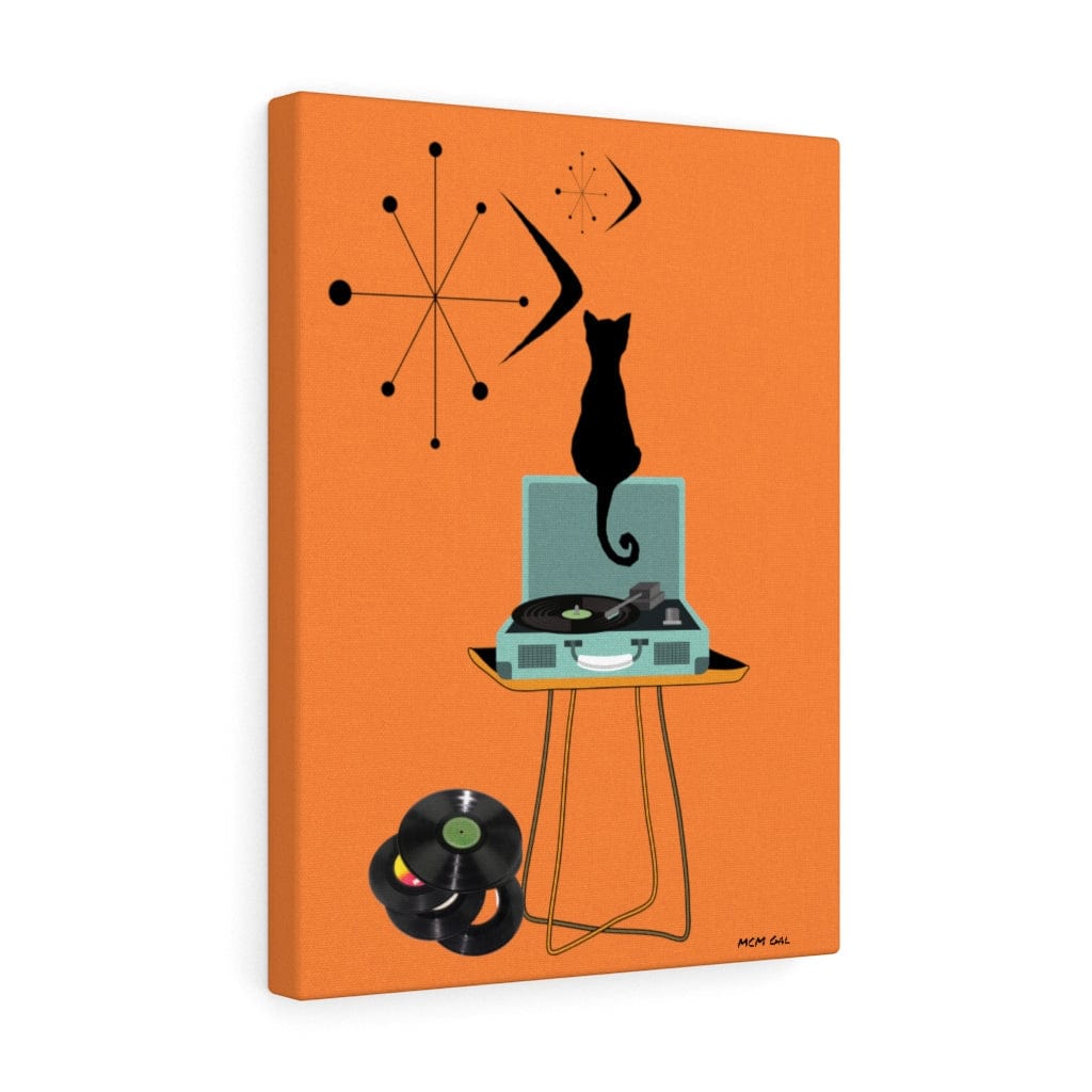 Atomic Black Cat Retro Orange Mid Century Modern Record Player MCM Home Scene Canvas Gallery Wrap Canvas Wall Art 12″ × 16″ / Premium Gallery Wraps (1.25″)