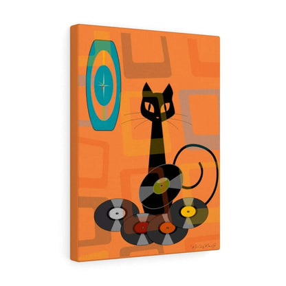 Atomic Cat Retro Groovy Records Mid Century Modern Orange Geometric, Canvas Gallery MCM Mid Mod Wall Art Canvas 12″ × 16″ / Premium Gallery Wraps (1.25″)