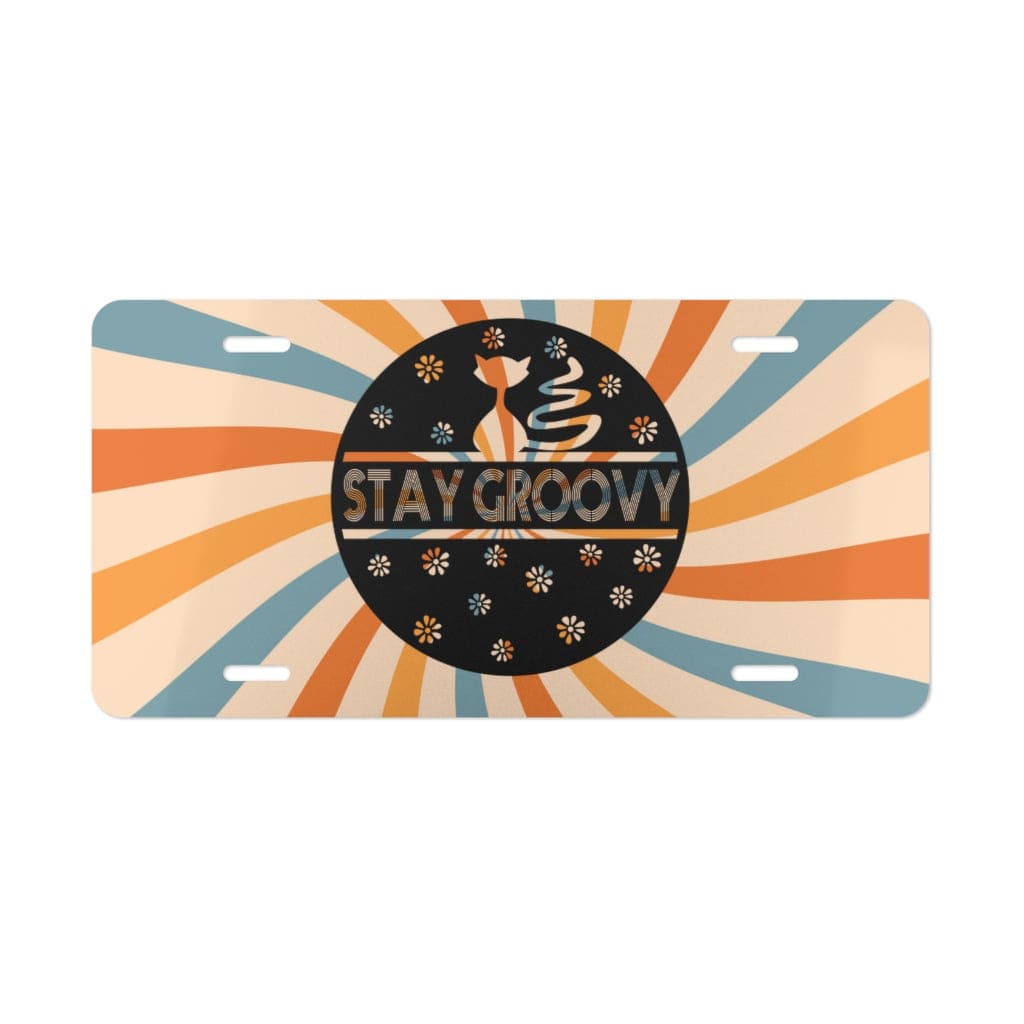 Stay Groovy, 70's Vibes, Hippie, Hipster Car Atomic Retro Mod Cat, Vanity Plate Accessories 12" × 6"
