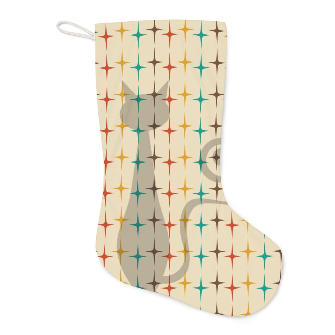 Atomic Cat Retro Starburst Beige, Blue, Yellow, Brown Mid Century Modern Christmas Santa Stocking Home Decor 13&quot; × 19.3&