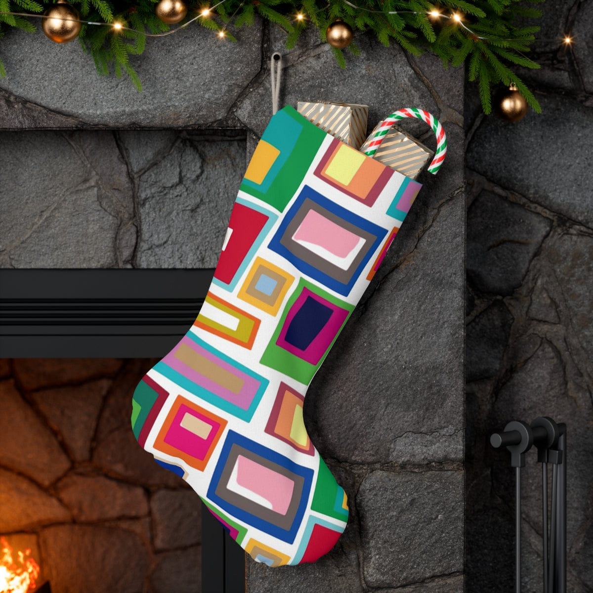 Mid Century Modern Christmas Stocking, Geometric, Blue, Green, Red, Pink, Yellow, Retro Christmas Santa Stocking Home Decor 13&quot; × 19.3&