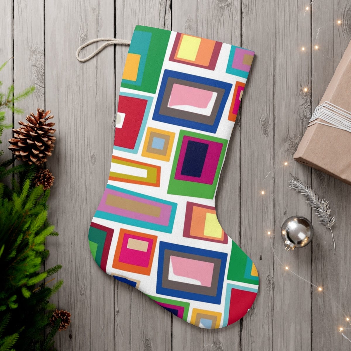 Mid Century Modern Christmas Stocking, Geometric, Blue, Green, Red, Pink, Yellow, Retro Christmas Santa Stocking Home Decor 13&quot; × 19.3&