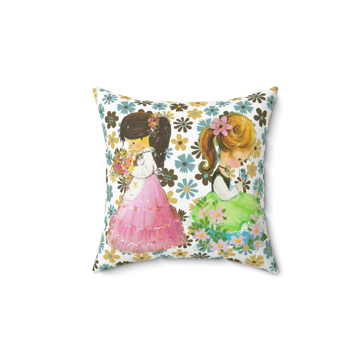 70's Flower Power, Sweet Flower Girls, Retro Mod Daisy Pillow Gift Home Decor 14" × 14"