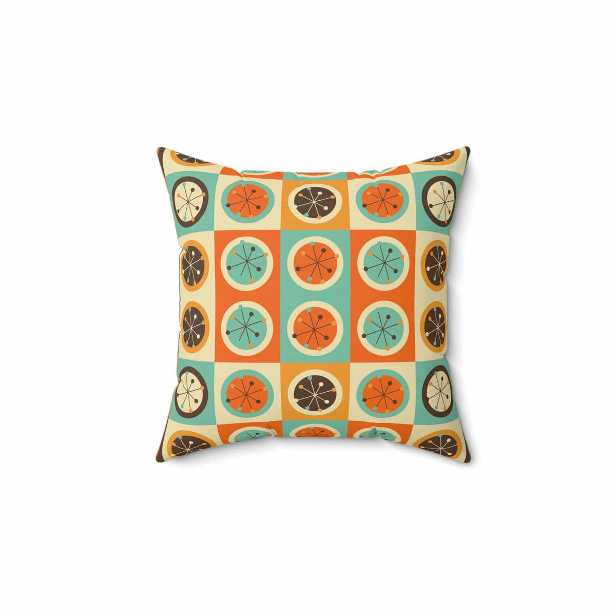 70's Retro Curtains, Bold Geometric Circles Atomic Starburst, Mid Century Modern, Aqua Blue, Burnt Orange, Mustard Yellow MCM Pillow Home Decor 14" × 14"