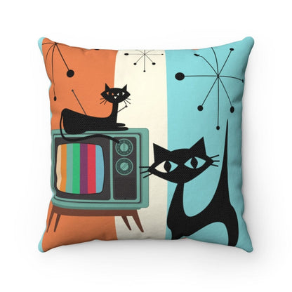 Atomic Cat Retro Colored TV, Starburst, Mid Century Modern, Aqua, Orange, Cream Groovy Square Pillow Spun Polyester Square Pillow AND Insert Home Decor 14&quot; × 14&quot;