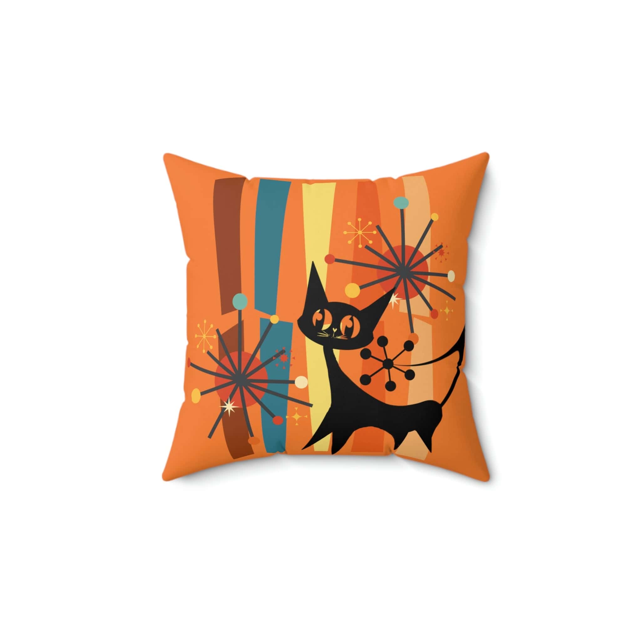 Atomic Cat, Retro Orange, Geometric, Starburst, MCM Black Cat Lover Gift Pillow Cover Home Decor 14&quot; × 14&quot;