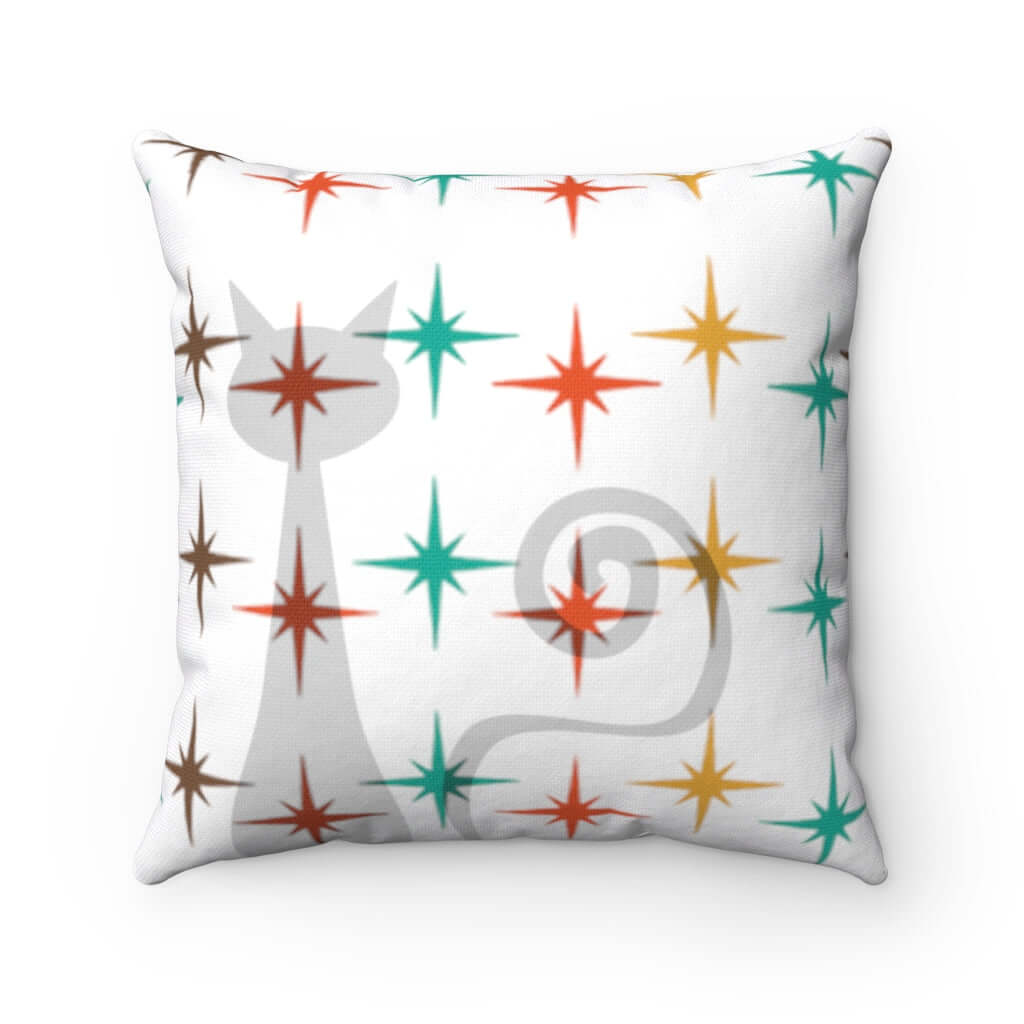 Atomic Cat Winter Home Decor, White Retro, Mid Century Modern Atomic Burst Spun Polyester Square Pillow Home Decor 14" × 14"