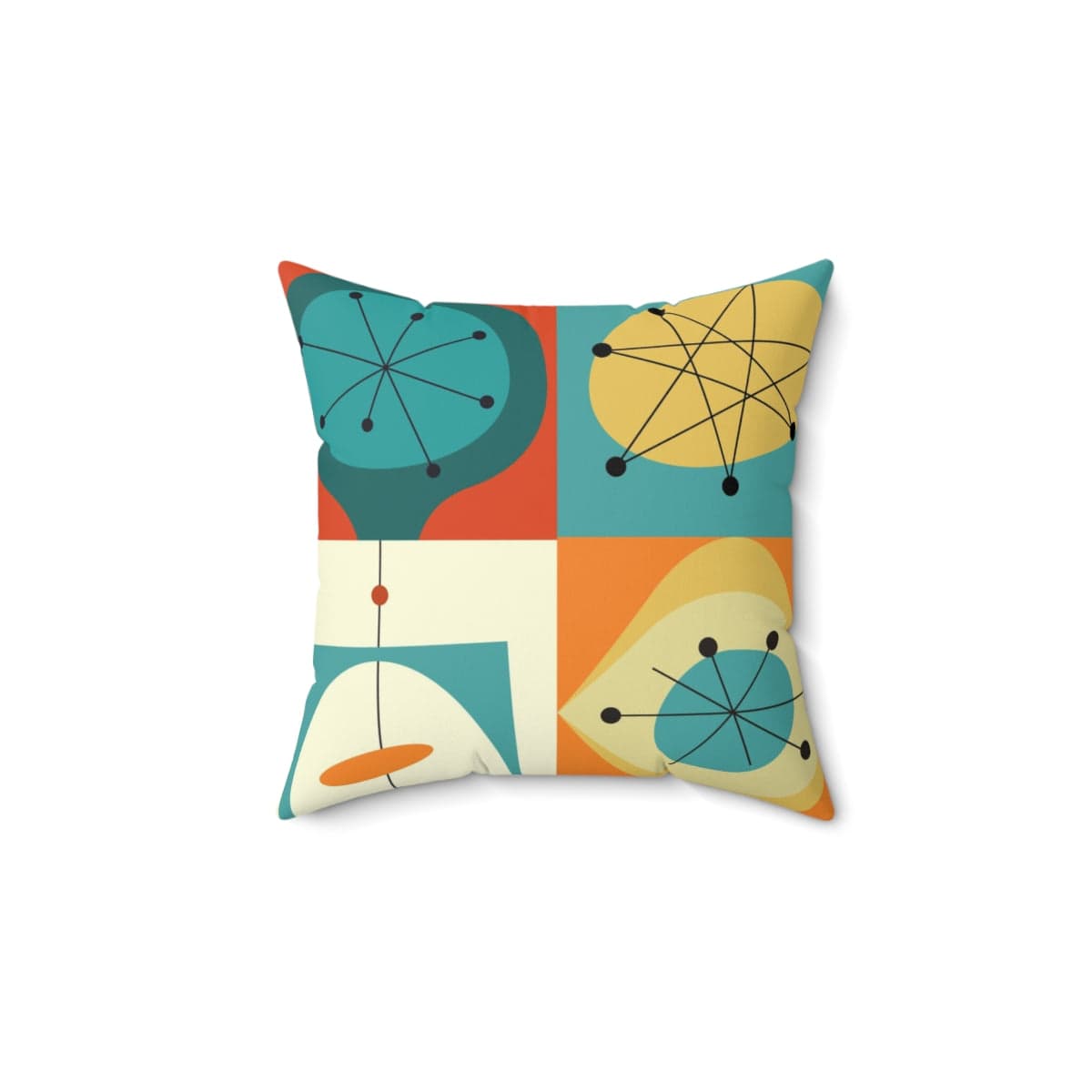Groovy 60's 70's Mid Century Modern Throw Pillow, Geometric Abstract, Orange, Yellow, Teal Blue, Atomic Age, Couch Cushion Home Decor 14" × 14"