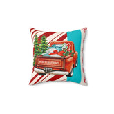 Mid Century Christmas, Old Timey Red Pick Up Truck, Merry Christmas, Candy Cane Stripe, Aqua Blue, Retro Holiday Gift Pillow And Insert Home Decor 14" × 14"