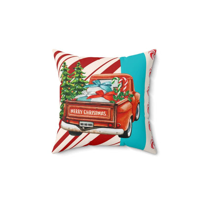 Mid Century Christmas, Old Timey Red Pick Up Truck, Merry Christmas, Candy Cane Stripe, Aqua Blue, Retro Holiday Gift Pillow And Insert Home Decor 14&quot; × 14&quot;