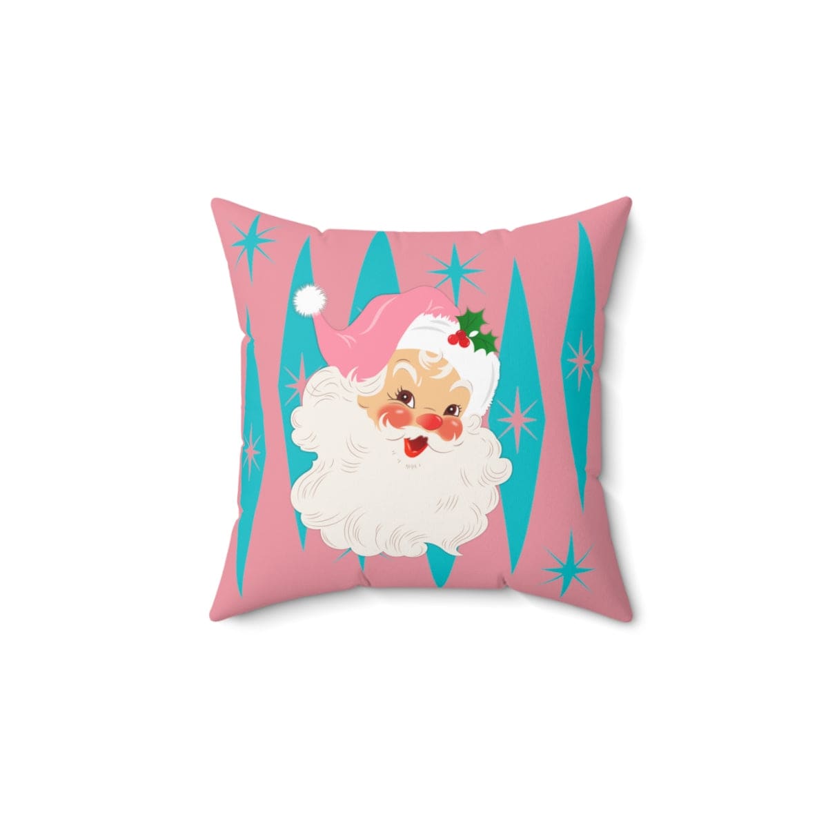 Mid Century Modern Christmas Smiling Vintage Santa, Pink, Aqua Blue Pillow And Insert Home Decor 14&quot; × 14&quot;