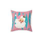 Mid Century Modern Christmas Smiling Vintage Santa, Pink, Aqua Blue Pillow And Insert Home Decor 14" × 14"