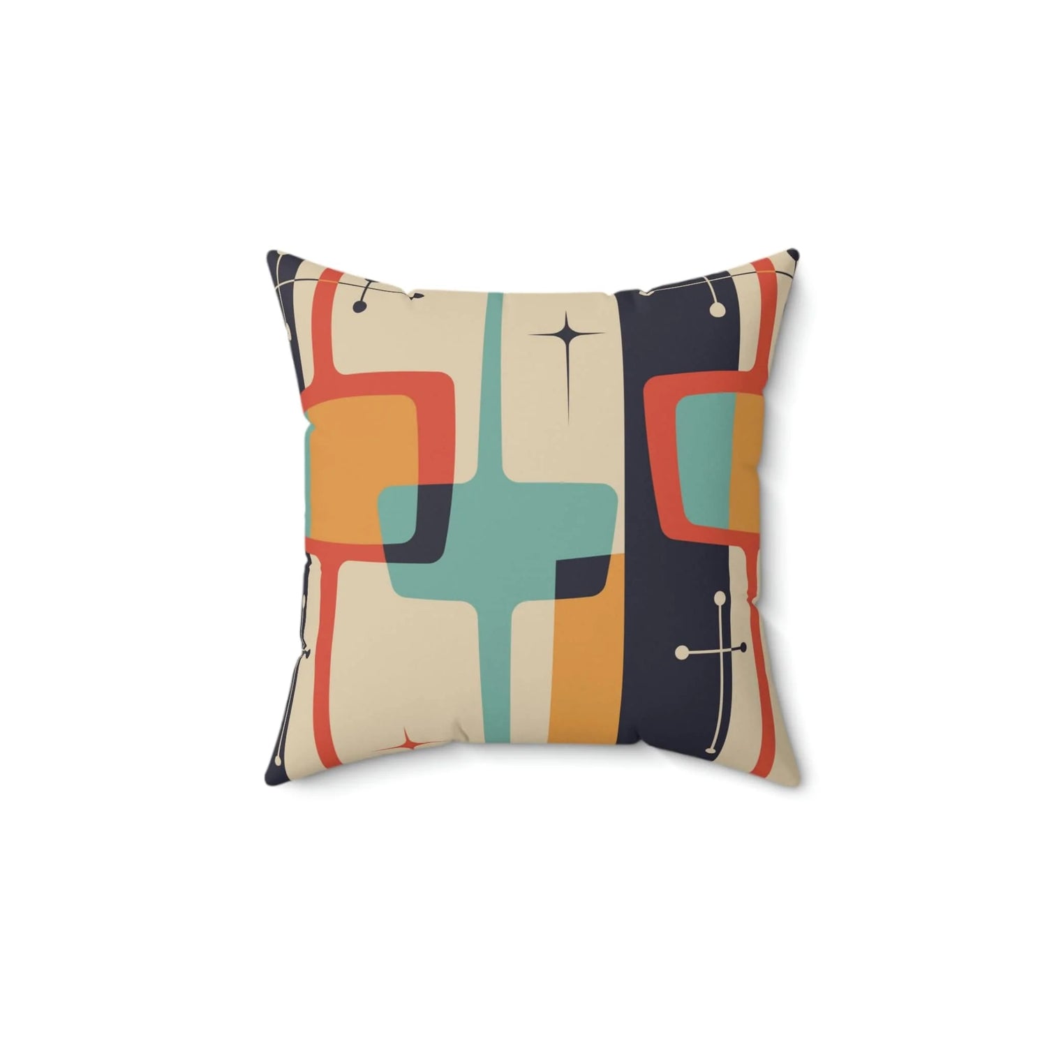 Mid Century Modern Geometric, Teal Blue, Mustard Yellow, Coral, Atomic Starburst Retro Pillow Case And Insert Home Decor 14&quot; × 14&quot;
