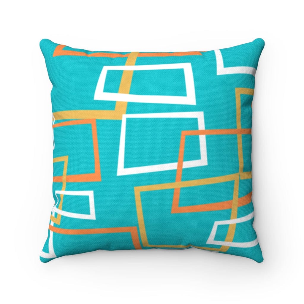 Mid Century Modern, Googie, Geometric, Aqua Blue, Orange, White, Yellow Atomic Age Living MCM Mid MOD Spun Polyester Square Pillow Home Decor 14" × 14"