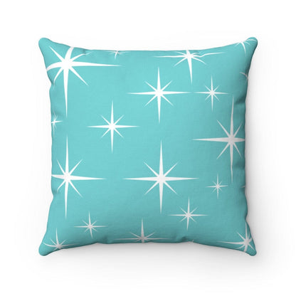 Mid Century Modern Starburst, Aqua Blue, White, Retro Home Decor Spun Polyester Square Pillow Home Decor 14&quot; × 14&quot;