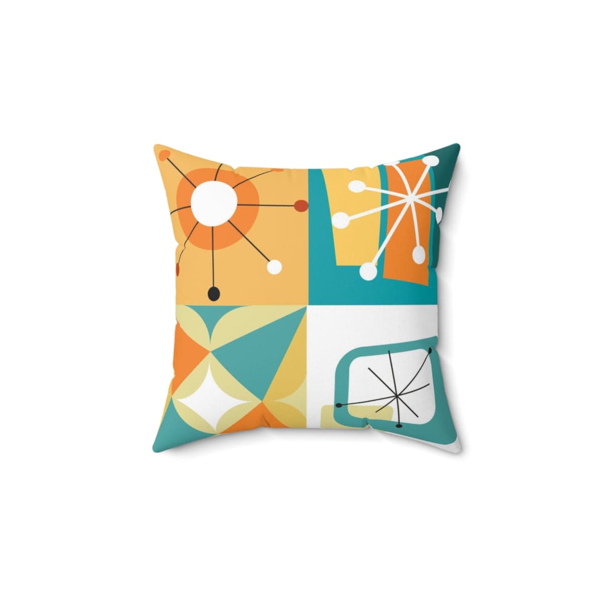 Mid Century Modern Throw Pillow, Geometric, Abstract, Teal Blue, Orange, White, Yellow, Starburst Atomic Retro Pillow And Insert Home Decor 14" × 14"