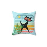Mod Cat, Palm Spring, Cali, Florida, Tropical, Retro Groovy, Aqua, Pink, Mid Mod Pillow Cushion And Insert Home Decor 14" × 14"