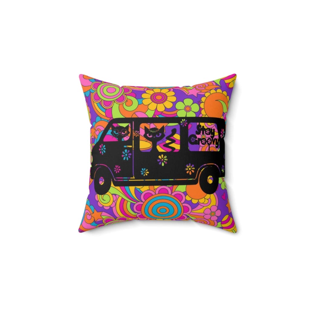 Stay Groovy, Hippie 70's Van, Atomic Cats, Magic Mushroom, Purple, Pink, Blue, Hipster Dorm Throw Pillows Home Decor 14" × 14"